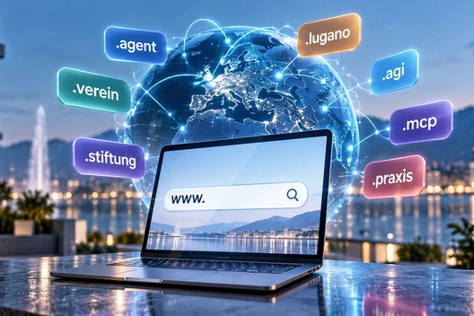 Laptop auf gläsernem Tisch am Wasser; Globus mit Netzlinien, bunte Tags wie .agent, .lugano, .stiftung.