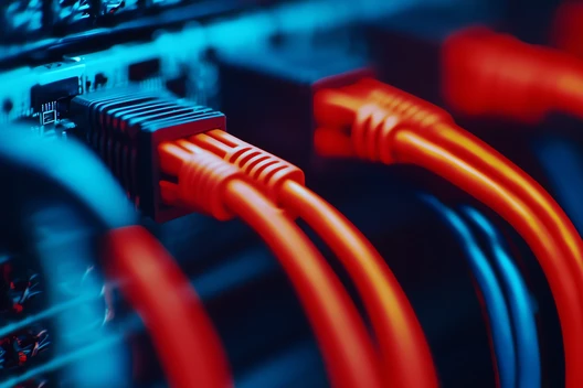 Nahaufnahme von orangefarbenen und blauen Ethernet-Kabeln, die in einen Netzwerkswitch gesteckt sind.