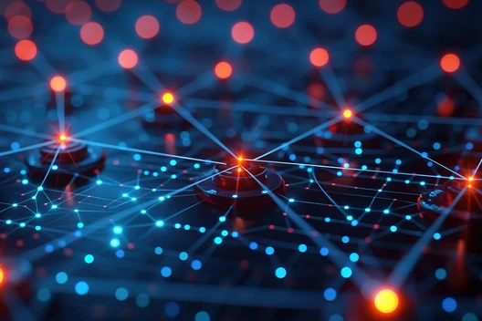 Dunkler Hintergrund mit vielen blauen Leuchtpunkten, verbunden durch blaue Linien; rote Leuchtknoten.