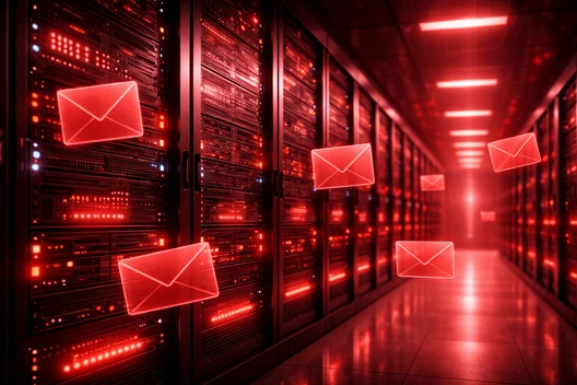 Serverraum mit Serverracks in Reihen und roten LEDs; schwebende rote Briefumschläge.