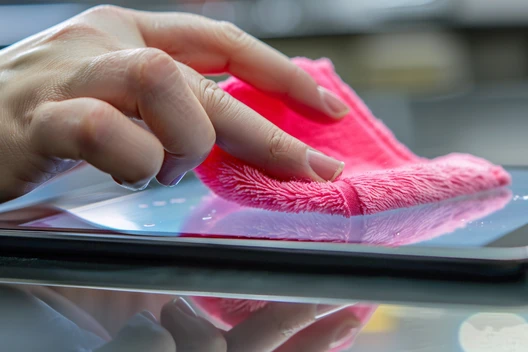 Nahaufnahme einer Hand mit pinkem Mikrofasertuch, das eine glänzende Touchscreen-Oberfläche reinigt; Reflexion sichtbar.