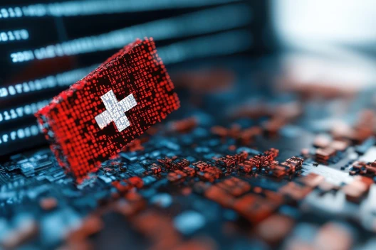 Roter, pixeliger Würfel mit weißem Kreuz vor digitalem Hintergrund aus Codezeilen.