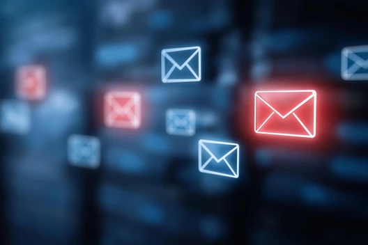 Mehrere leuchtende Briefumschläge in Blau und Rot vor unscharfem dunklem Hintergrund.